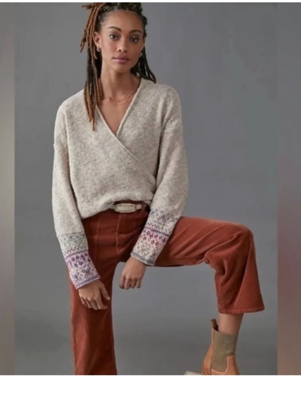 Pilcro Anthropologie Beige Wrap Sweater Size 1X Fair Isle Cuffs Oversized Boho